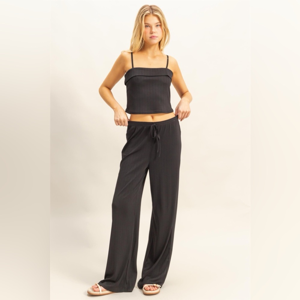 Black Rib Knit Cami Top And Pants Set